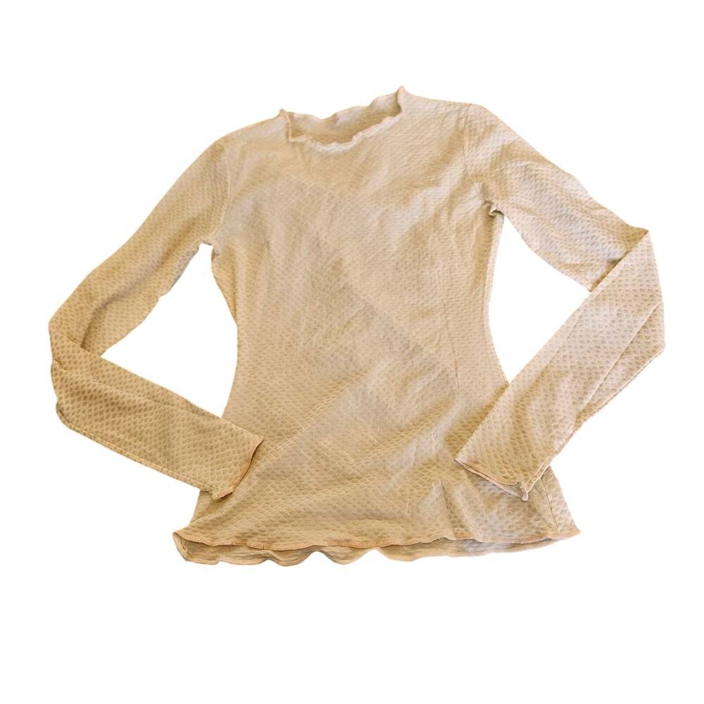 Women’s Textured Cream Long Sleeve Top XS Fitted Lettuce Hem Sheer Layering